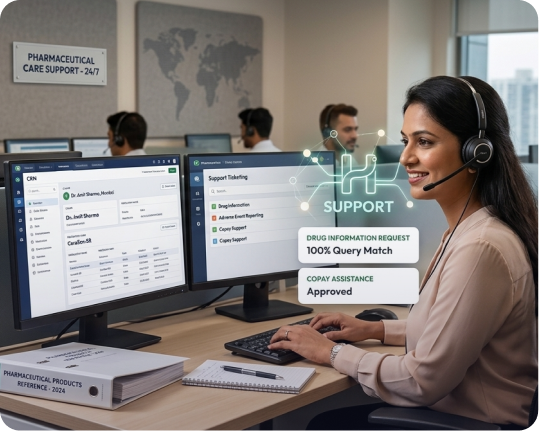 Pharmaceutical contact center agent with product-label expertise